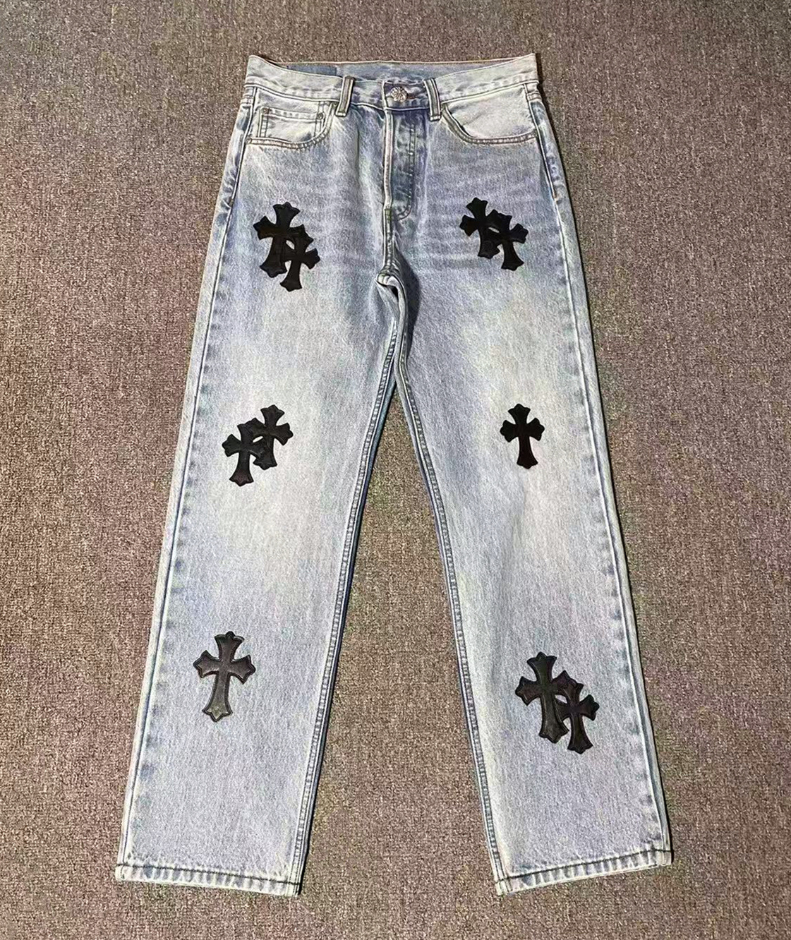 P589 牛仔裤蓝色黑皮