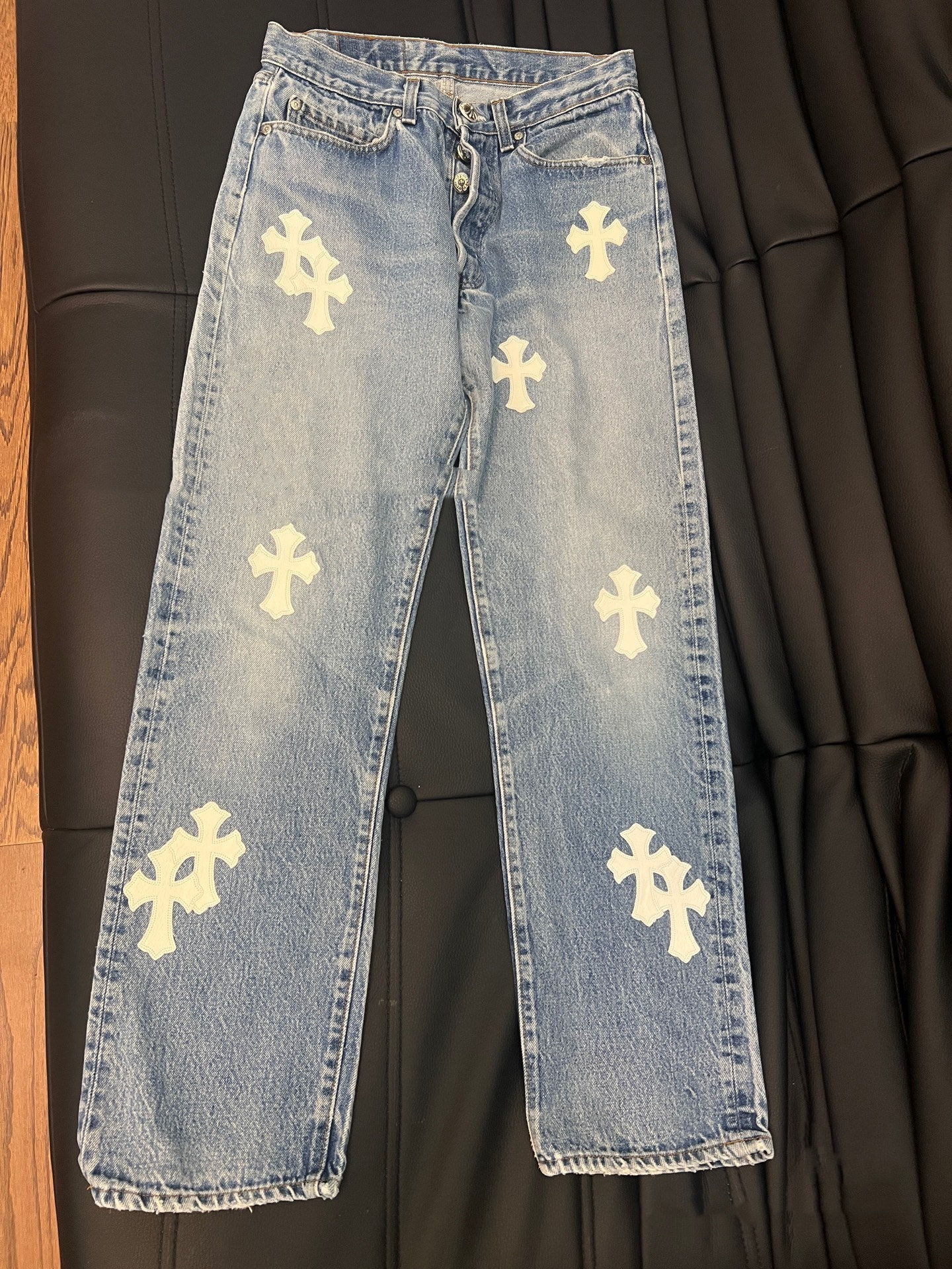 P589 牛仔裤蓝色白皮